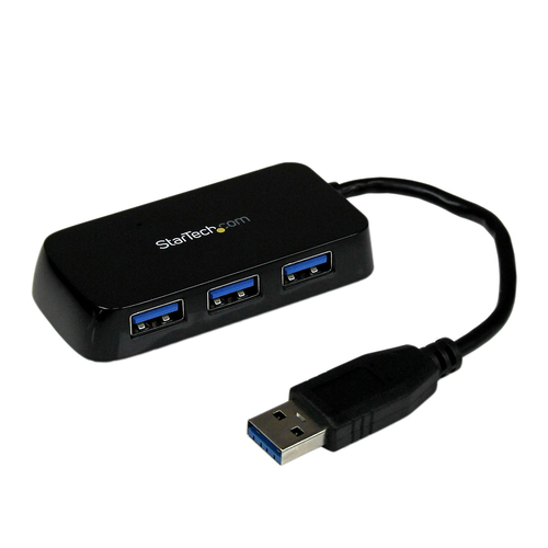 Portable 4 Port SuperSpeed Mini USB 3.0 Hub (Black) - Four Port Mini USB Hub - External USB 3 Hub with built-in cable