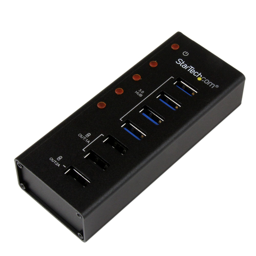 4 PORT POWERED USB 3.0 HUB WITH 3 DEDICATED USB CHARGING PORTS (2 X 1A 1 X 2A) WALL MOUNTABLE METAL ENCLOSURE