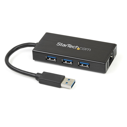 3 Port Portable USB 3.0 Hub with Gigabit Ethernet Adapter NIC - Aluminum USB Hub w/ Cable - USB 3 Hub and Gigabit Network Adapter - Compact USB 3.0 Hub with GbE and Attached Cable