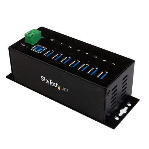 7 Port Industrial USB 3.0 Hub - 15kV ESD and 350W Surge Protection - DIN Rail / Surface Mountable Metal Housing - Wide-range 7-48V DC Terminal Block Power Input