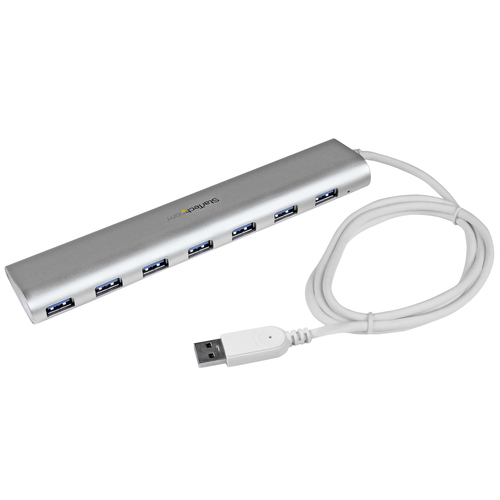 7 Port Compact USB 3.0 Hub with Built-in Cable - Aluminum USB Hub - Silver Apple Style USB 3 Hub Perfect for MacBook - Rugged Design - Includes Power Adapter - Lightweight USB3 Hub