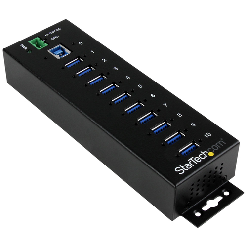 10 Port Industrial USB 3.0 Hub - ESD and Surge Protection - DIN Rail or Surface-Mountable Metal Housing - Rugged USB Hub w/ Terminal Block Power - Wide Operating Temperature Range