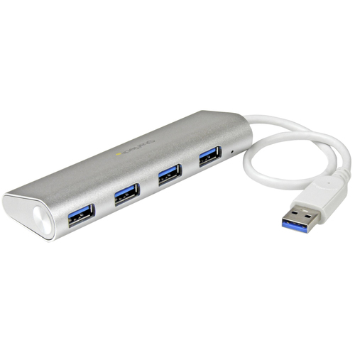 4 Port Portable USB 3.0 Hub with Built-in Cable - Aluminum and Compact USB Hub - Silver Apple Style USB 3 Hub Perfect for MacBook - Rugged Design and Travel Friendly - USB-Powered