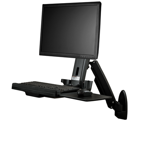 Wall Mount Workstation - Articulating Full Motion Standing Desk with Ergonomic Height Adjustable Monitor and Keyboard Tray Arm - Mouse and Scanner Holders - Single VESA Display - TAA