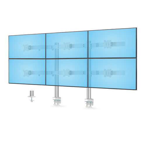 Six-Monitor Desk Mount with Crossbar Up To 32-inch Computer Screens Max 8kg each Dual Column C-clamp/Grommet Height Adjustable